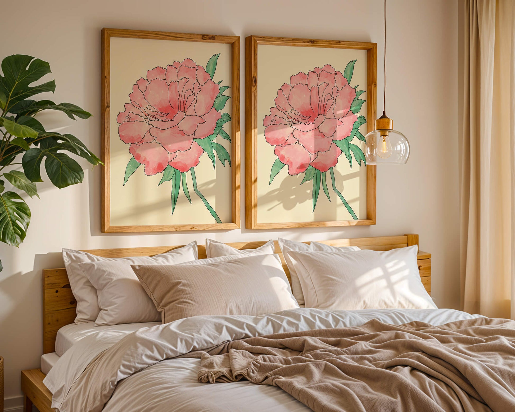 Delicate Pink Peony with Green Leaves Illustration