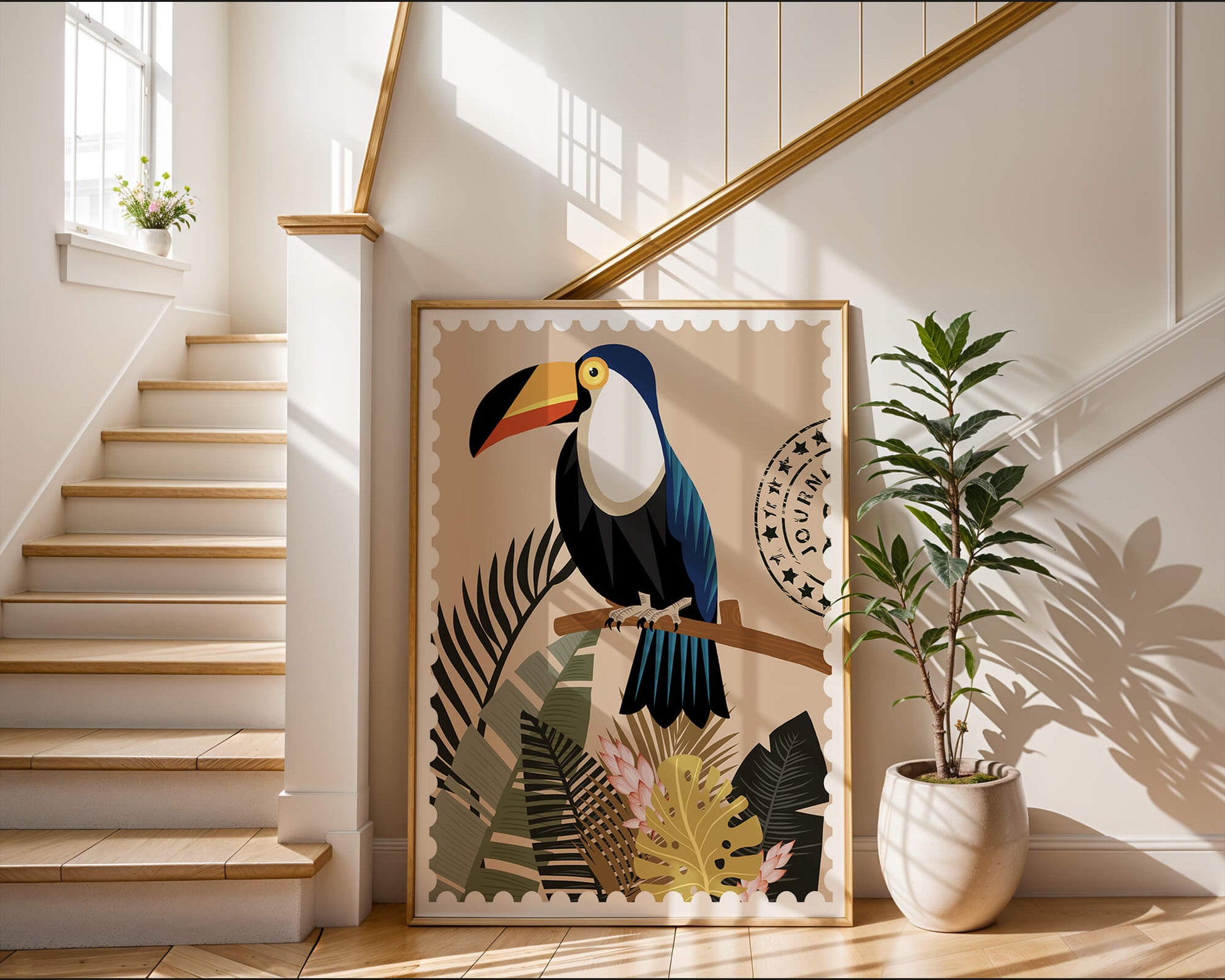Colorful Toucan Surrounded by Tropical Leaves with Travel Stamp