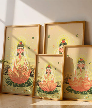 Heitere Illustration einer meditativen Figur auf einem Lotus mit himmlischem Hintergrund