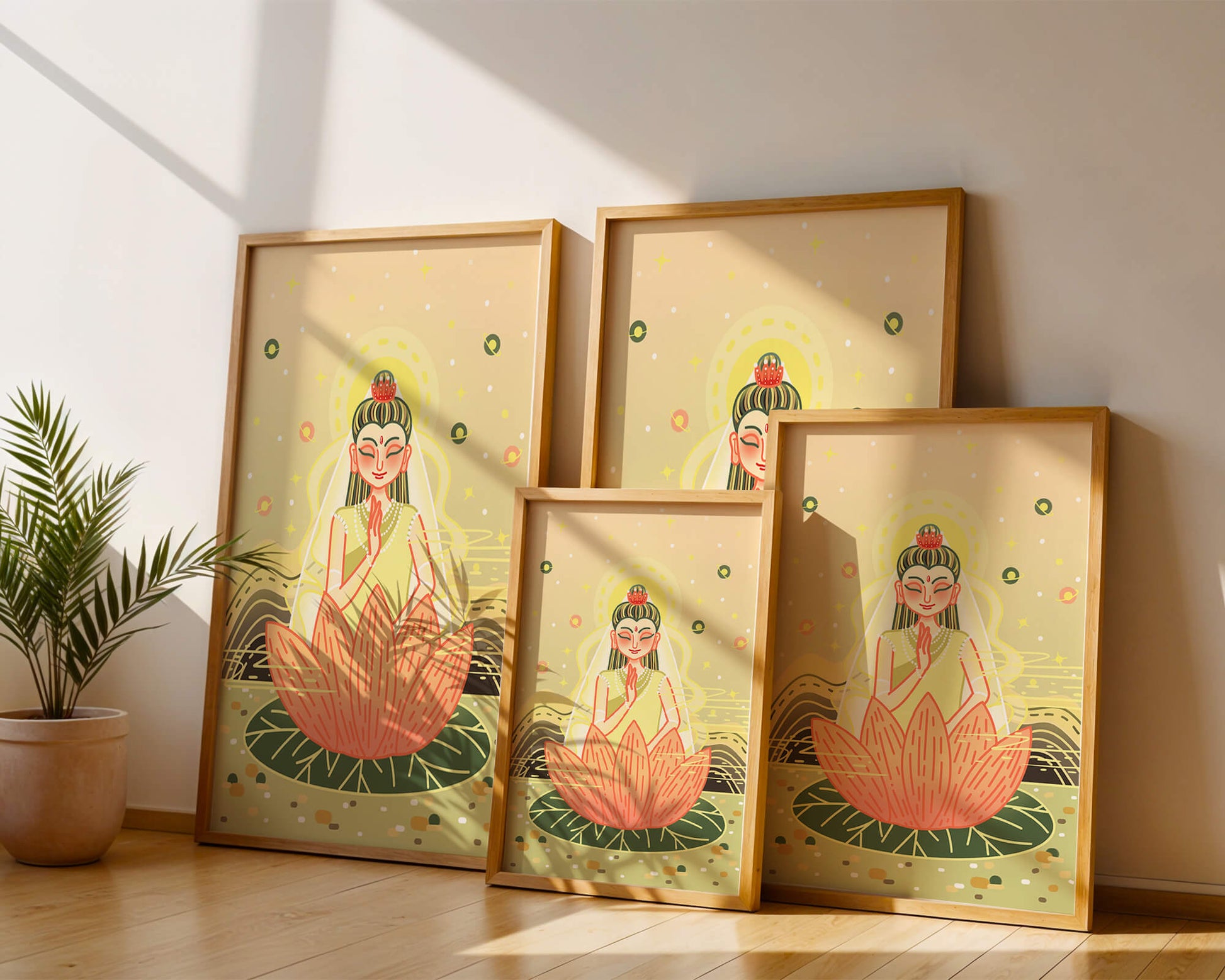 Serene illustration of meditative figure on a lotus with celestial background