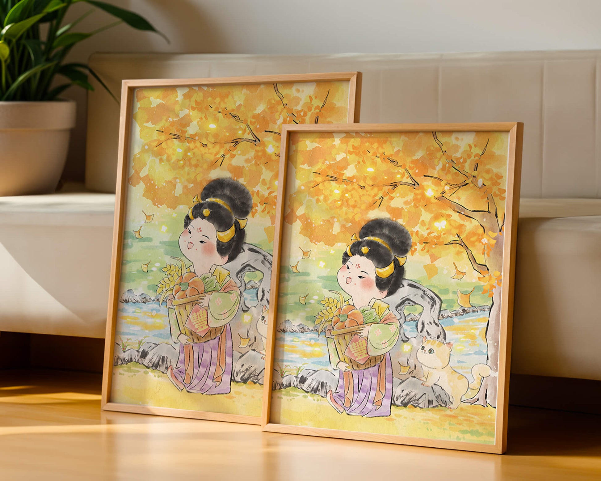 Charming watercolor scene of girl with basket in autumn setting
