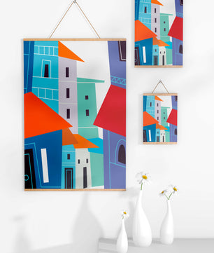 Paisaje urbano abstracto colorido con edificios geométricos