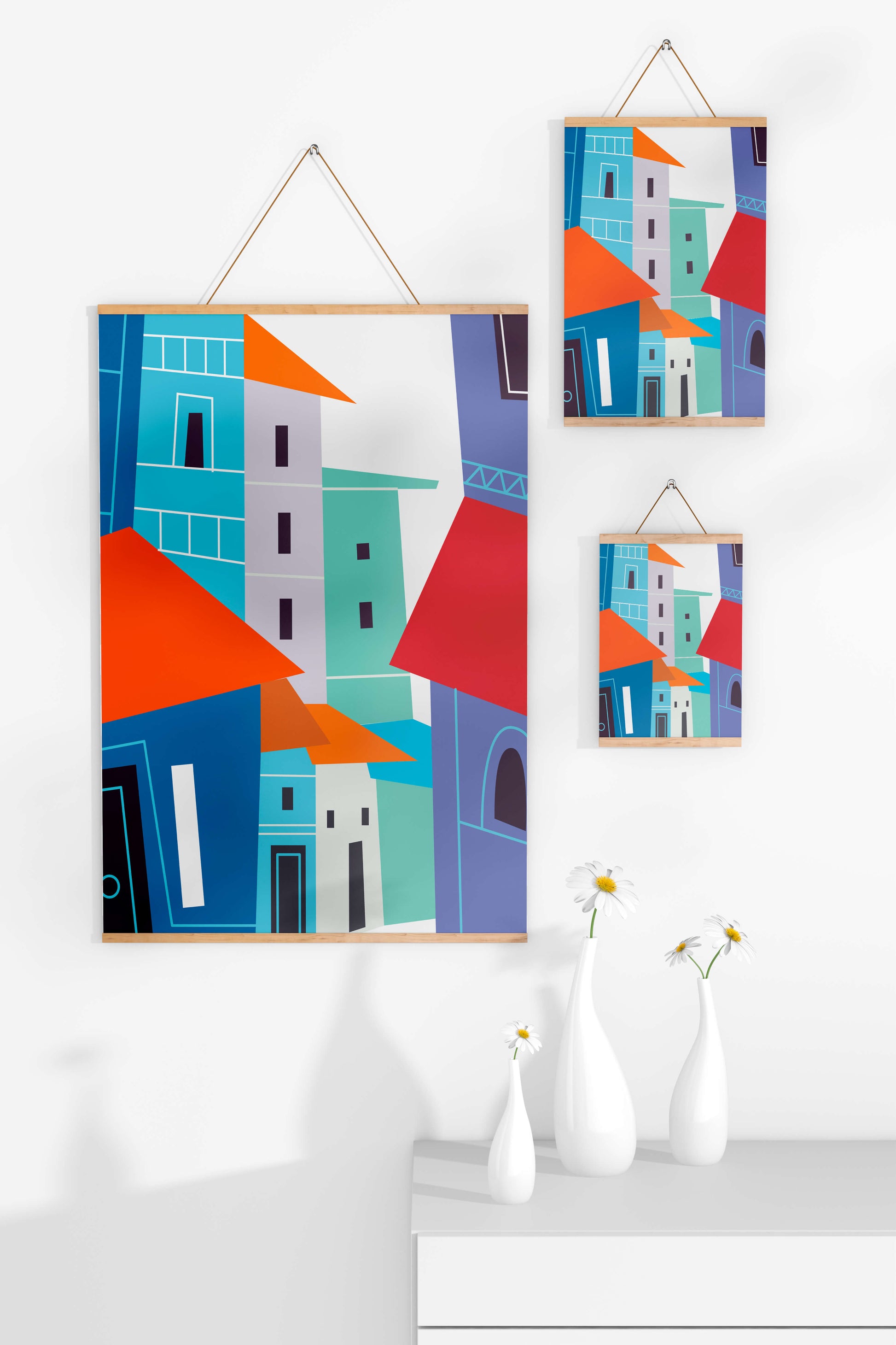 Colorful abstract cityscape with geometric buildings