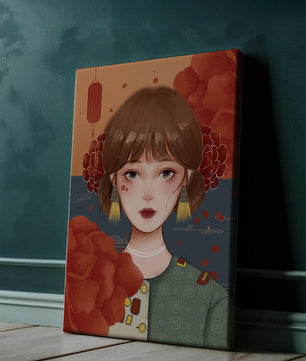 Digital art of a girl with floral and lantern elements