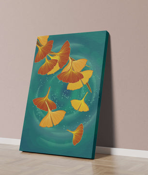 Blätter des Ginkgo-Stylings auf einem türkisfarbenen Hintergrund schweben