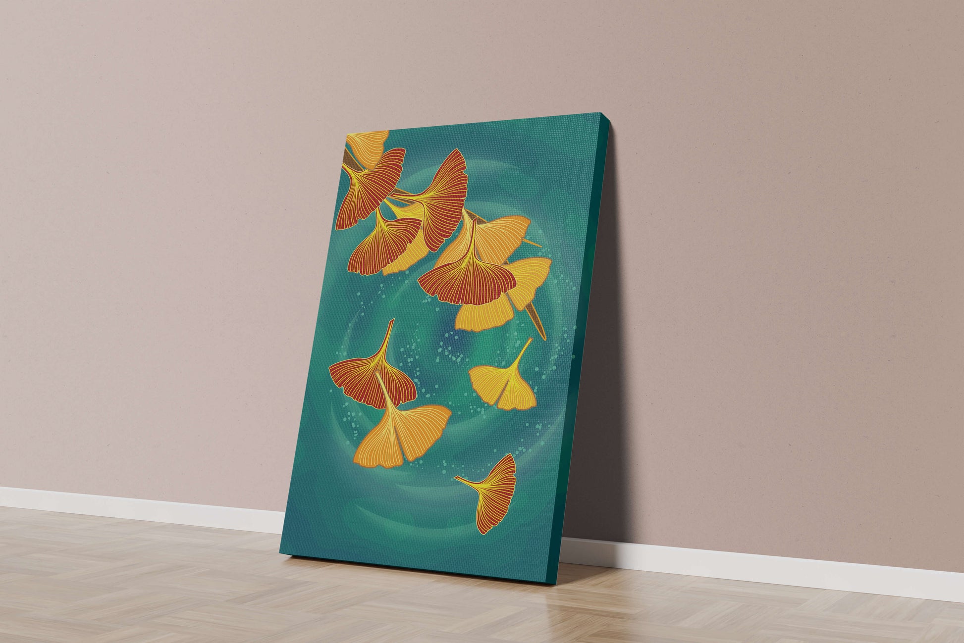 Stylized Ginkgo Leaves Floating on a Turquoise Background