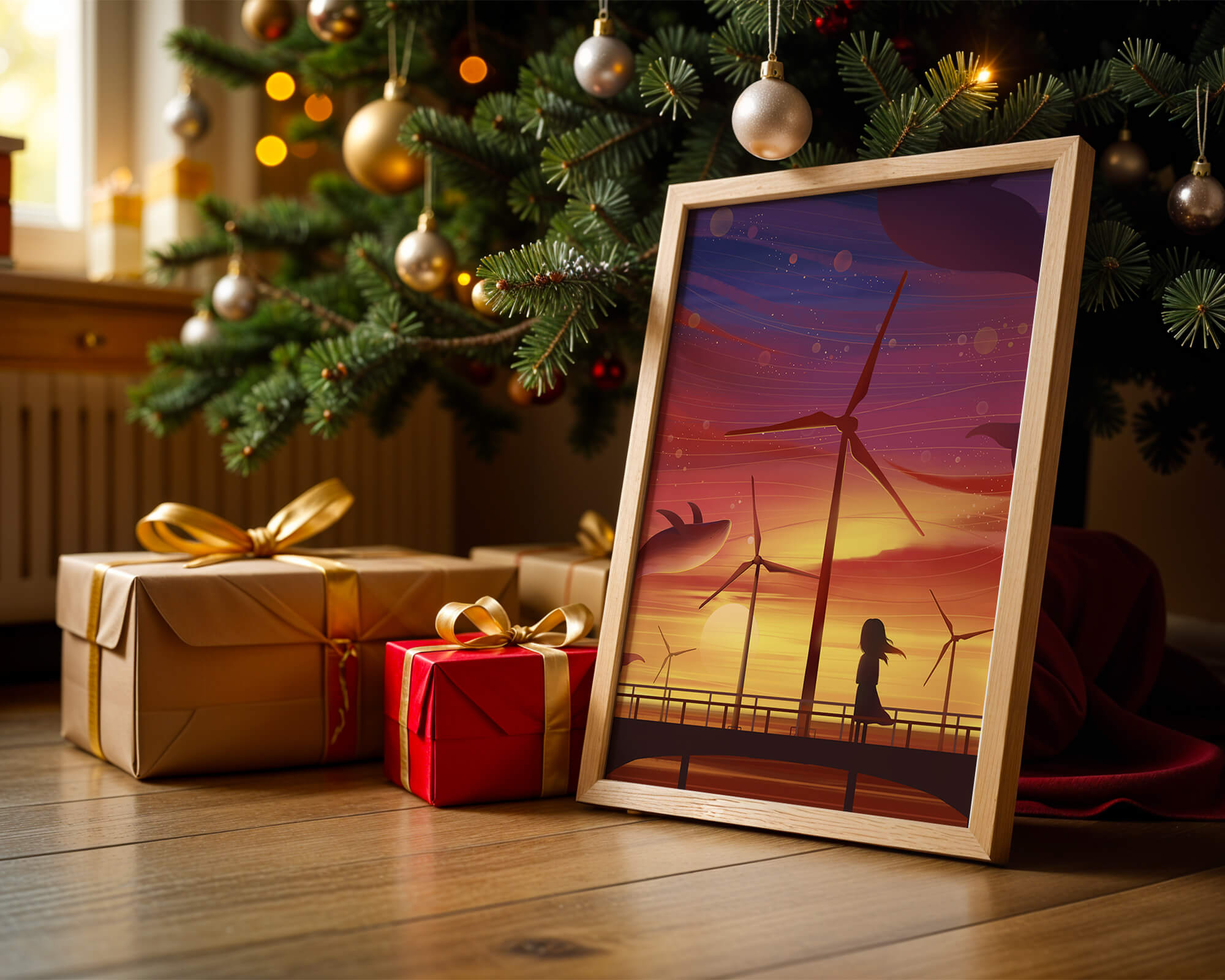 Enchanting sunset scene with wind turbines and silhouette of a girl