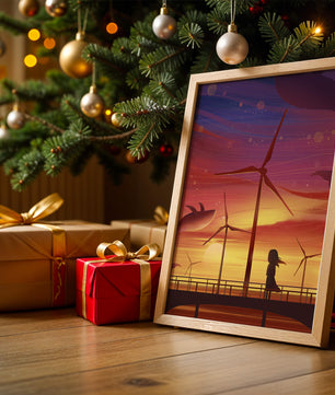Enchanting sunset scene with wind turbines and silhouette of a girl