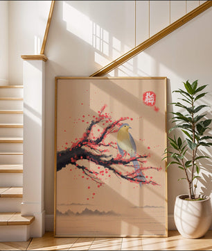 Oiseau serein sur une branche de cerisier dans le style artistique asiatique traditionnel