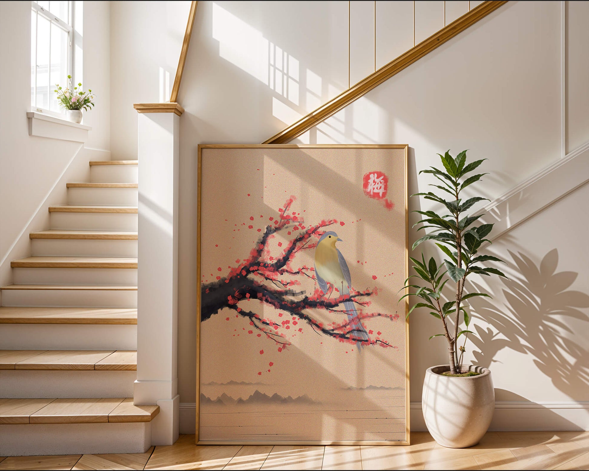 Serene bird on cherry blossom branch in traditional Asian art style