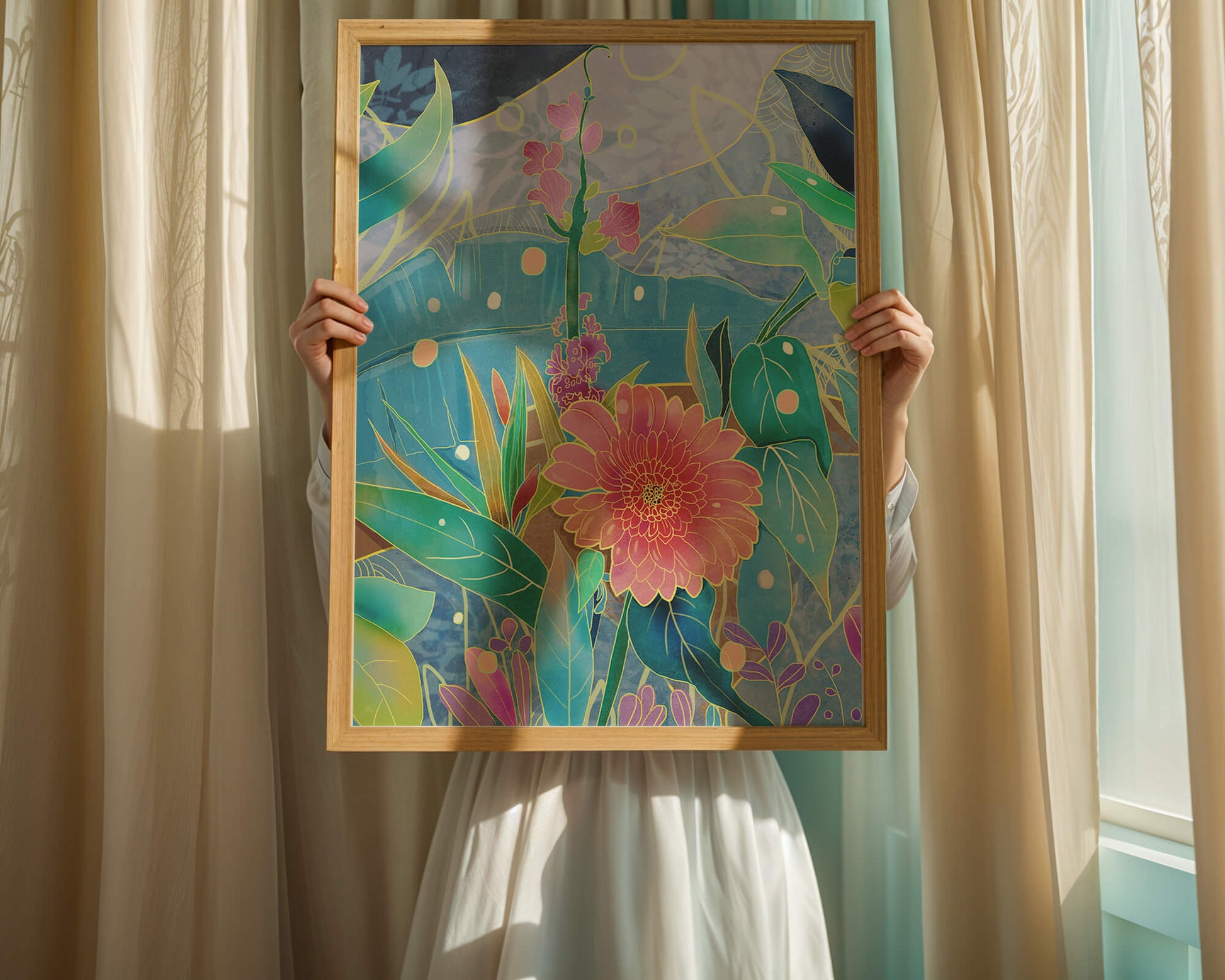 Kunst abstrak bunga yang berwarna-warni dengan bunga dan daun yang cerah