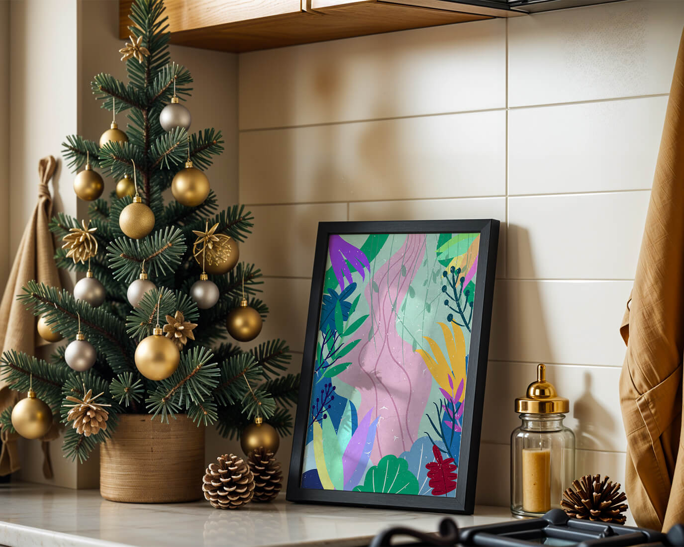 Abstract Botanic Composition with Vibrant Leaves and Shapes