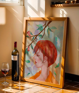 Illustrative artwork of a woman with red hair and floral branch
