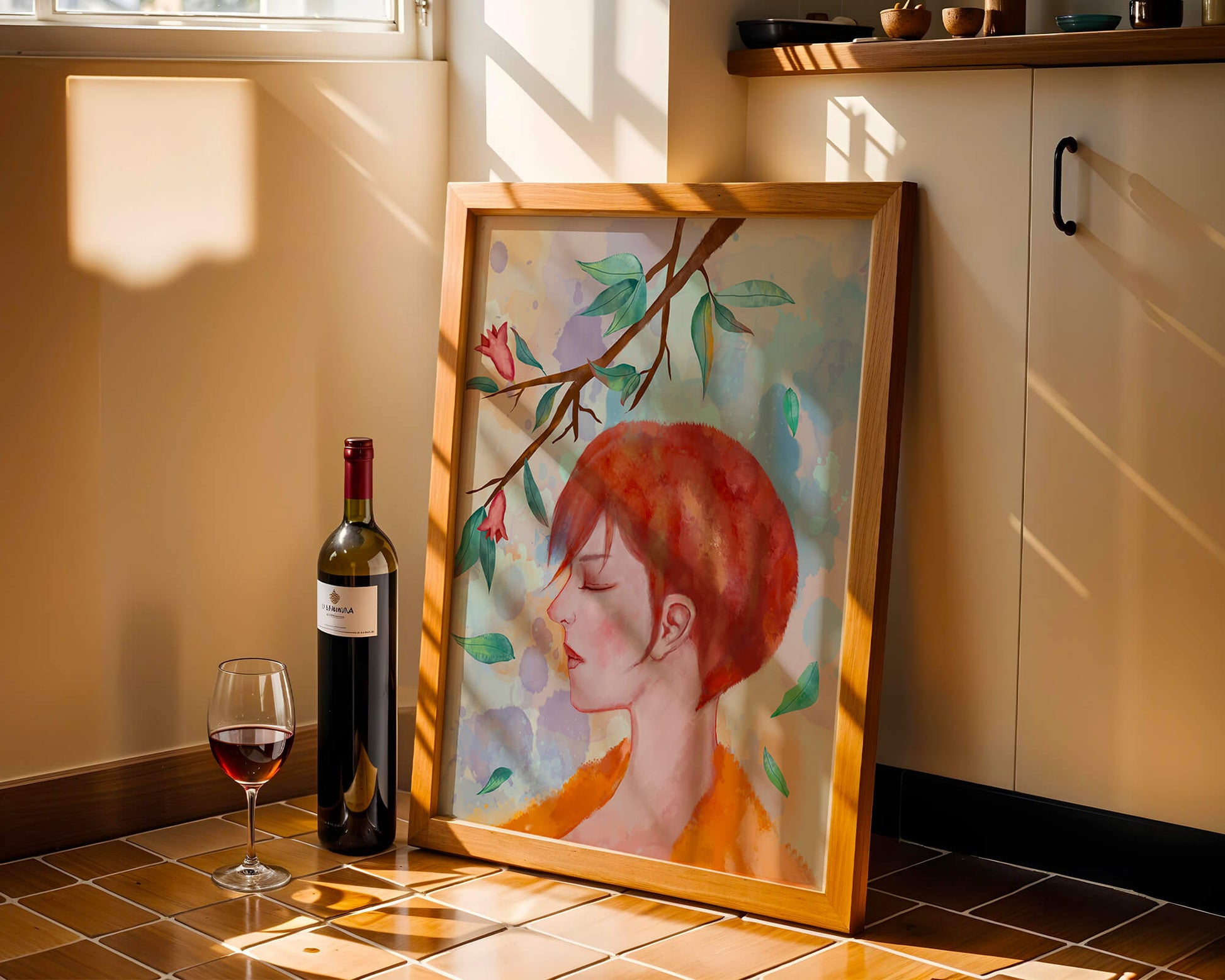 Illustrative artwork of a woman with red hair and floral branch
