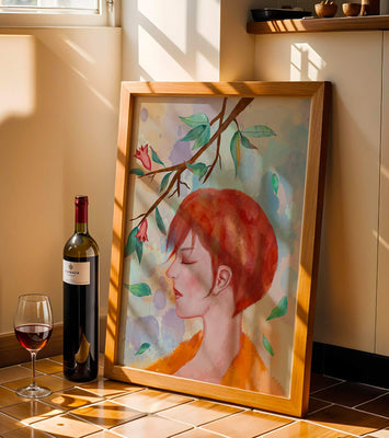 Illustrative artwork of a woman with red hair and floral branch
