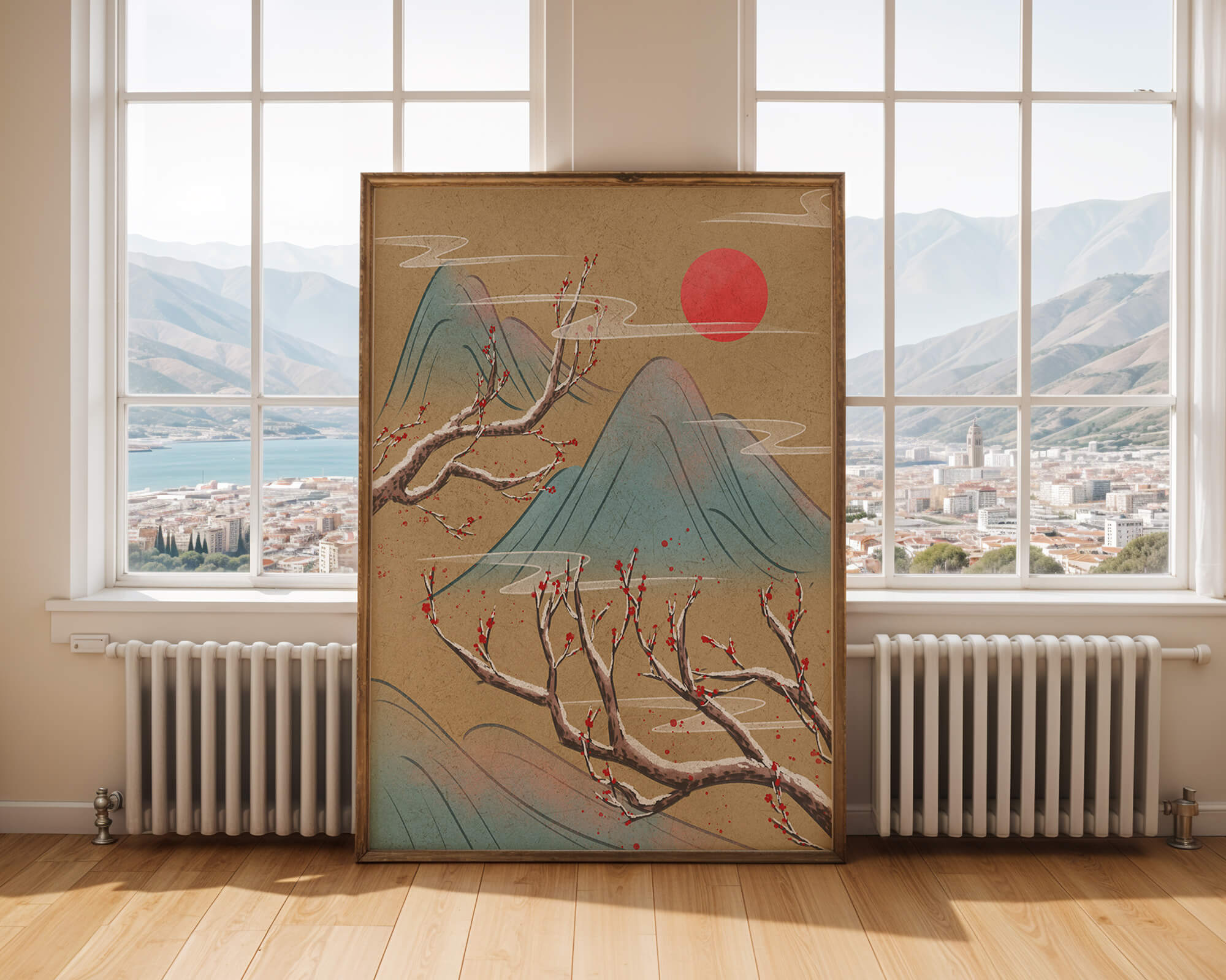 Tranquil landscape with cherry blossom and red sun