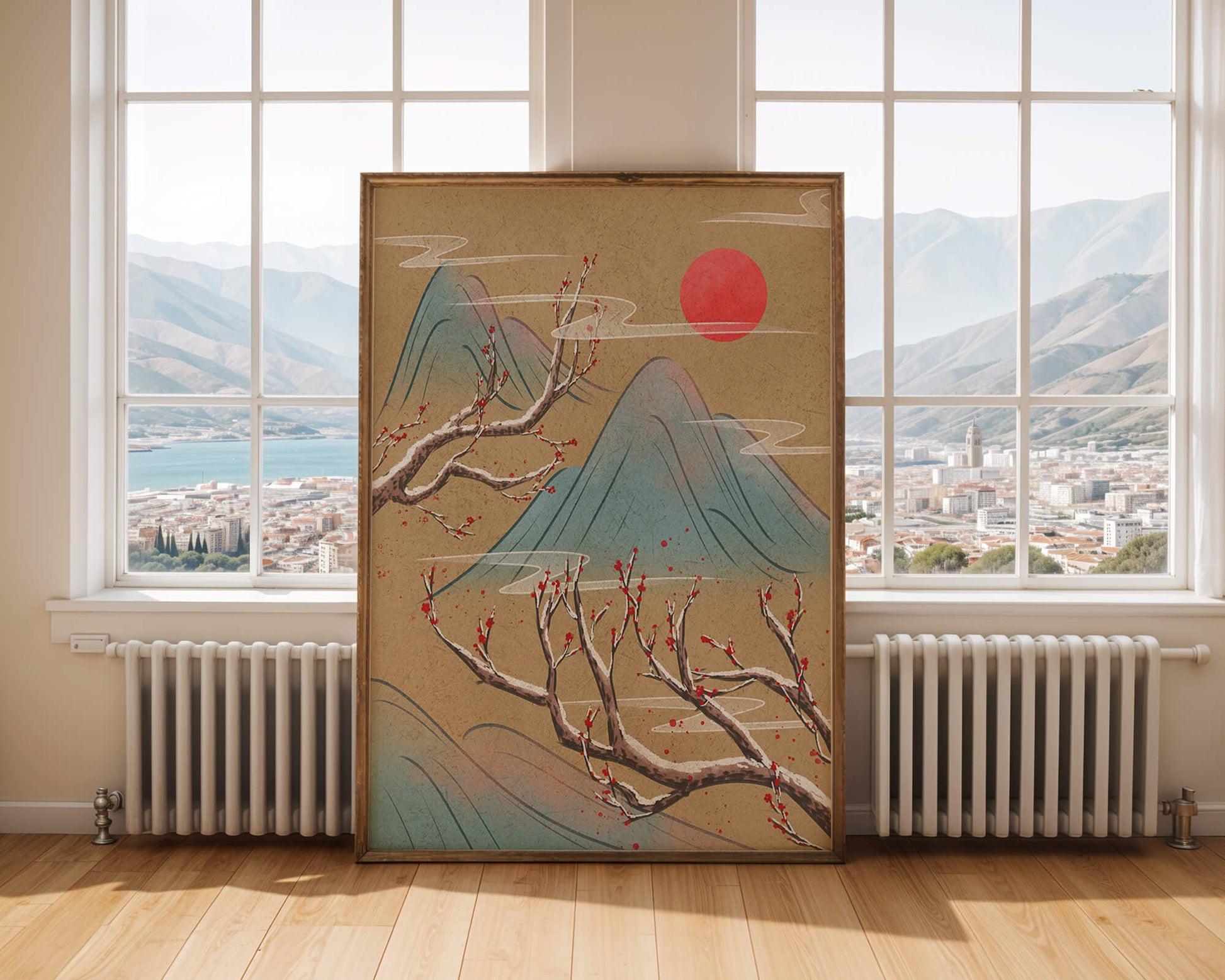Tranquil landscape with cherry blossom and red sun