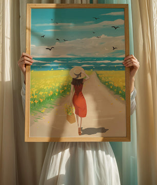Mujer con vestido rojo caminando por el campo bajo un cielo azul claro