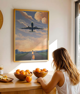Serene airport departure with airplane and traveler at sunset