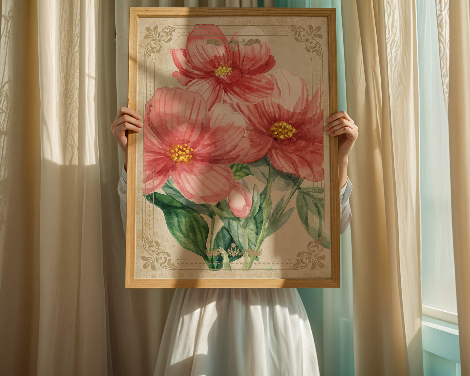 Watercolor floral illustration with pink blooms and green foliage