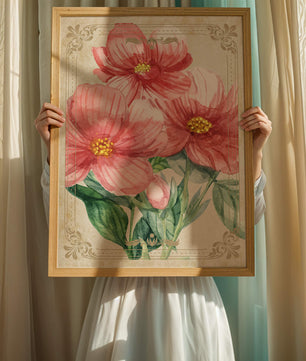Watercolor floral illustration with pink blooms and green foliage
