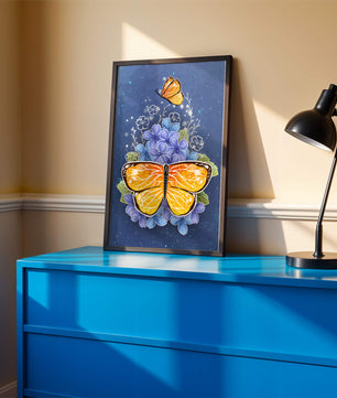 Bright butterfly with blue flowers on a starry background