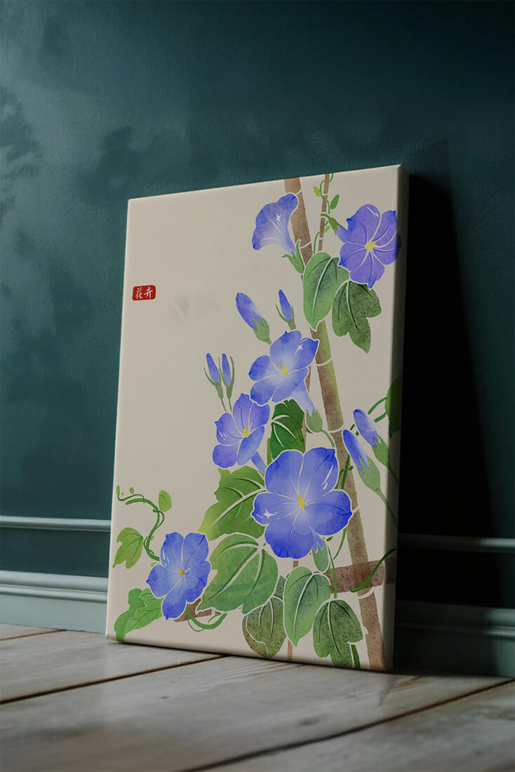 Obra floral delicada con glorias matutinas azules vibrantes