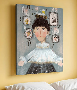 Retrato ilustrado caprichoso con elementos musicales y dorados