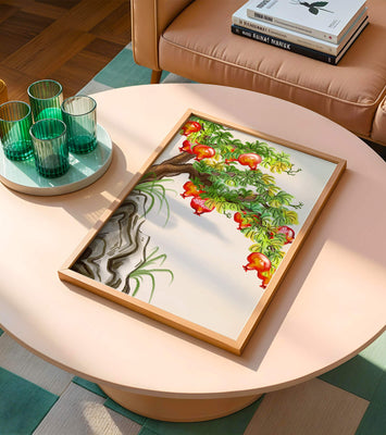 Serene landscape with pomegranate tree and rocky outcrop