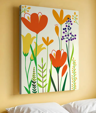 Bright Floral Illustration with Orange, Yellow, and Purple Flowers in Bold Colors