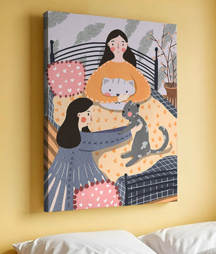 Escena interior acogedora con mujeres, gatos y elementos decorativos