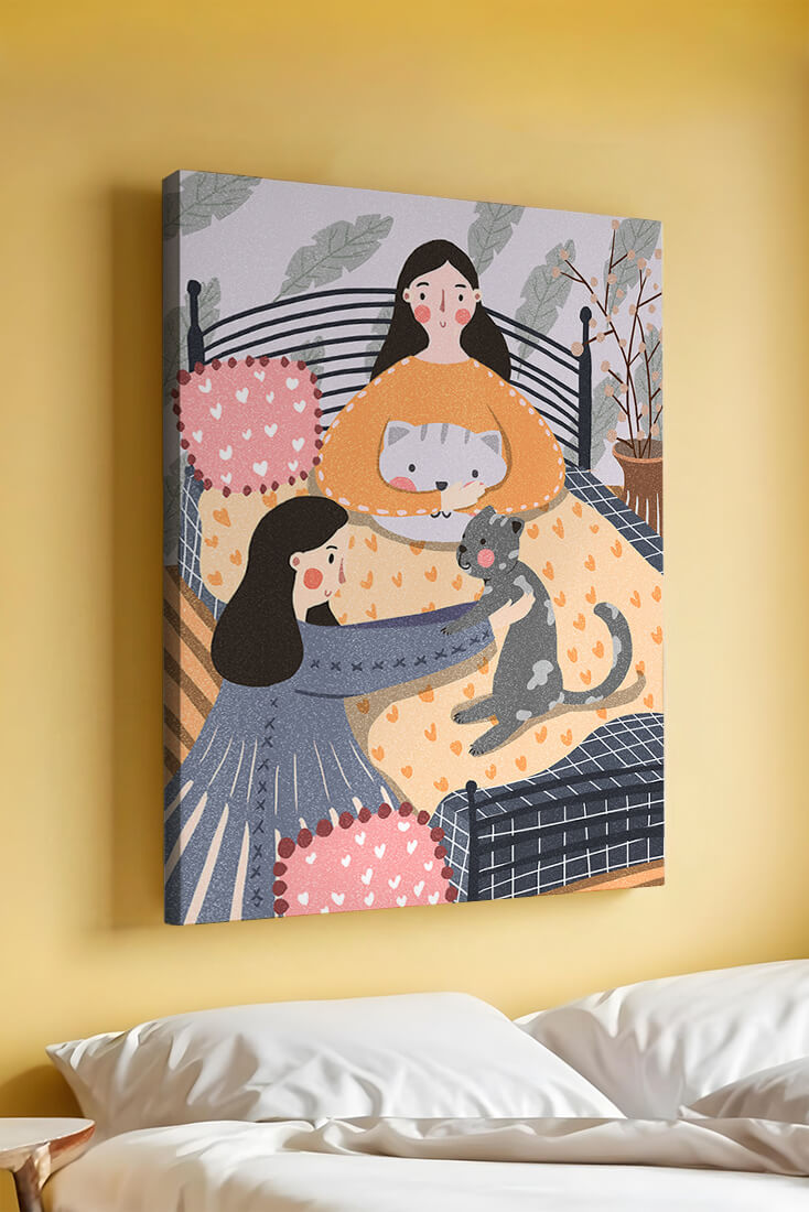 Escena interior acogedora con mujeres, gatos y elementos decorativos