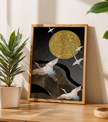 Elegant Cranes Soaring under a Golden Sun