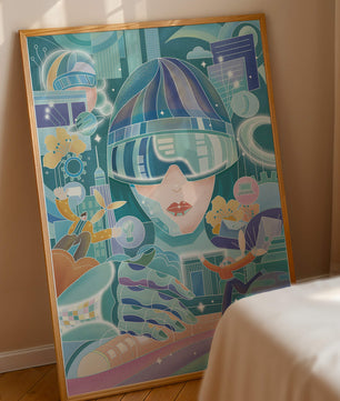 Futuristic digital art with virtual reality and technology themes