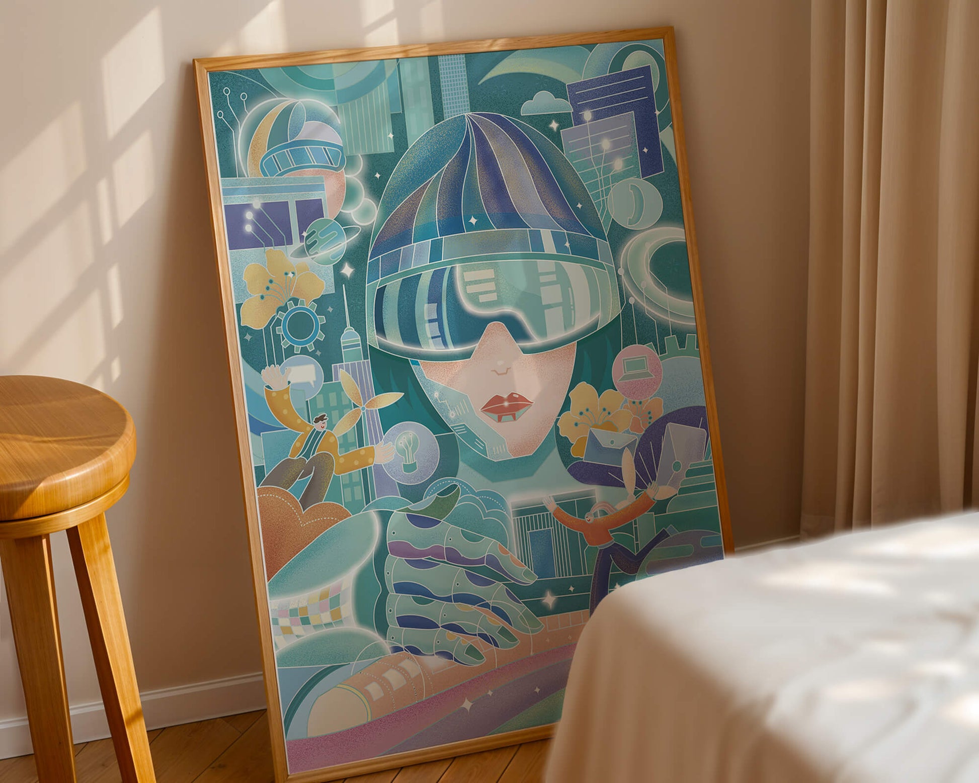 Futuristic digital art with virtual reality and technology themes