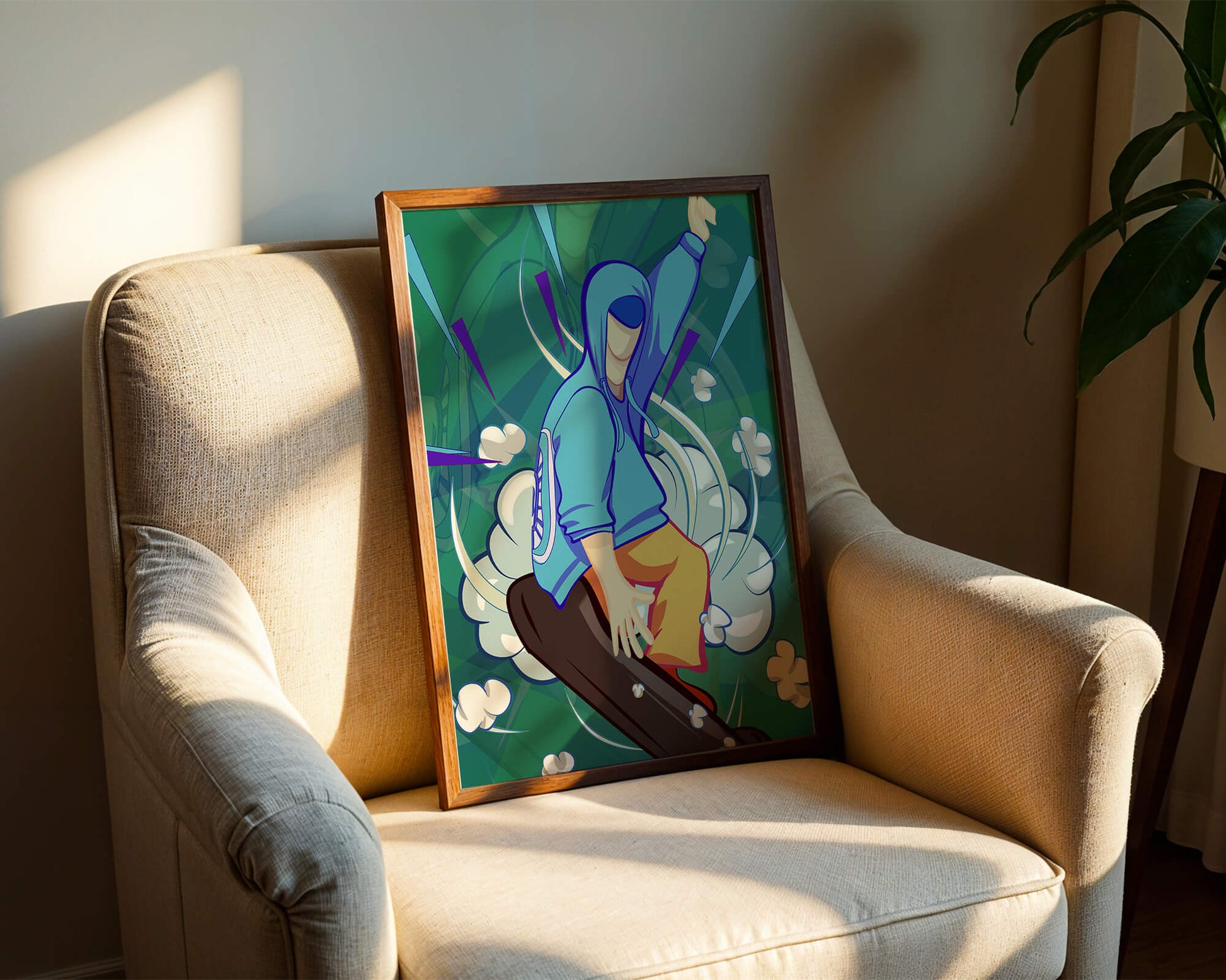 Ilustración abstracta colorida de una persona en movimiento con tonos azules y verdes
