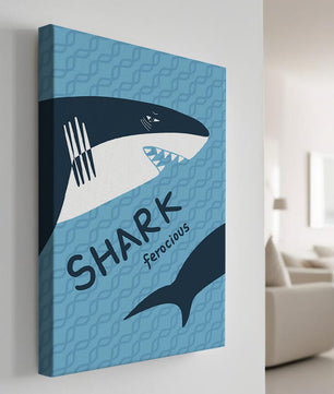 Gráfico de tiburón ilustrado con fondo azul y tipografía