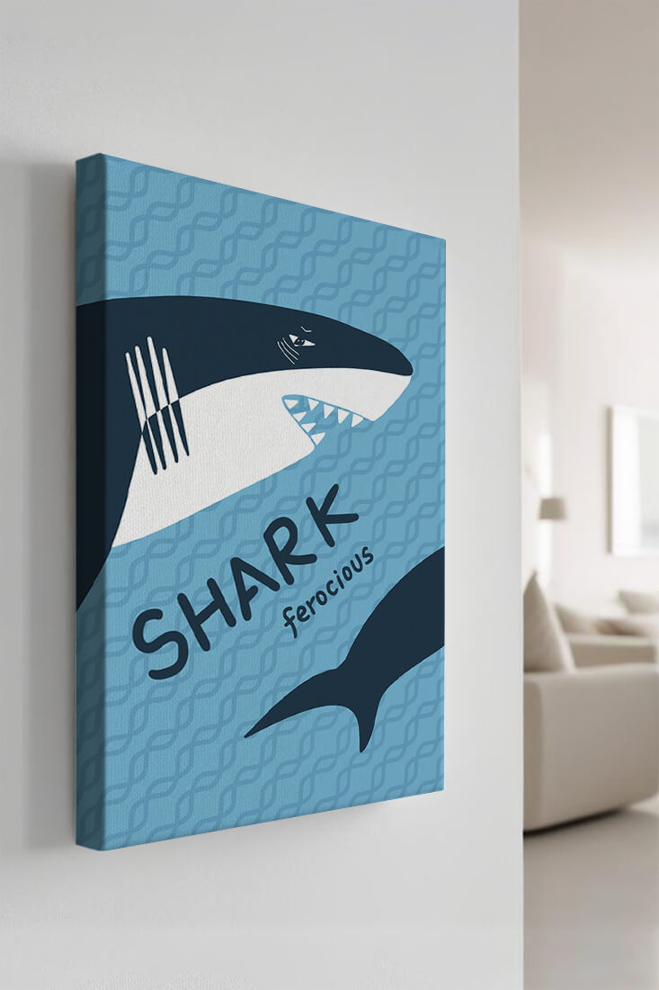Illustrated shark graphic with blue background and typography