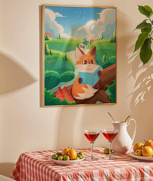 Fox Reading a Book in Scenic Green Landscape with Watermelon Slices