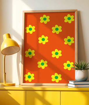 Buntes Blumenmuster mit gelben Blumen auf orangefarbenem Hintergrund