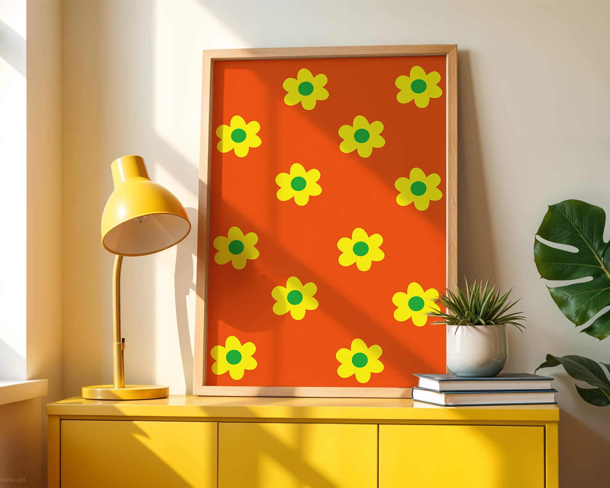 Colorful floral pattern with yellow flowers on orange background