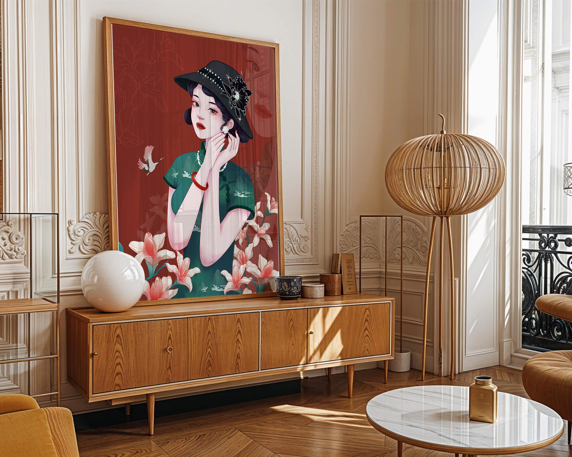 Elegant woman in vintage attire with floral hat and lilies