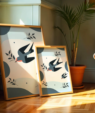 Ilustración abstracta de golondrinas con hojas y formas geométricas