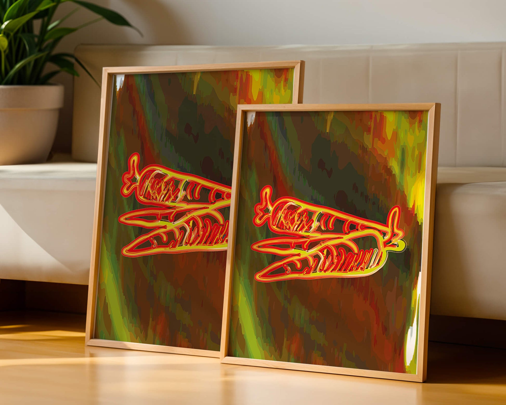 Abstract art featuring neon carrots on a colorful background