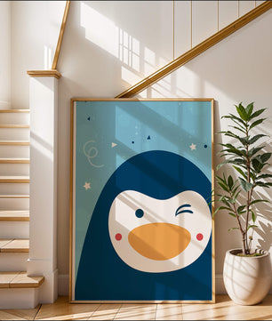 Pingüino animado juguetón sobre un fondo azul caprichoso