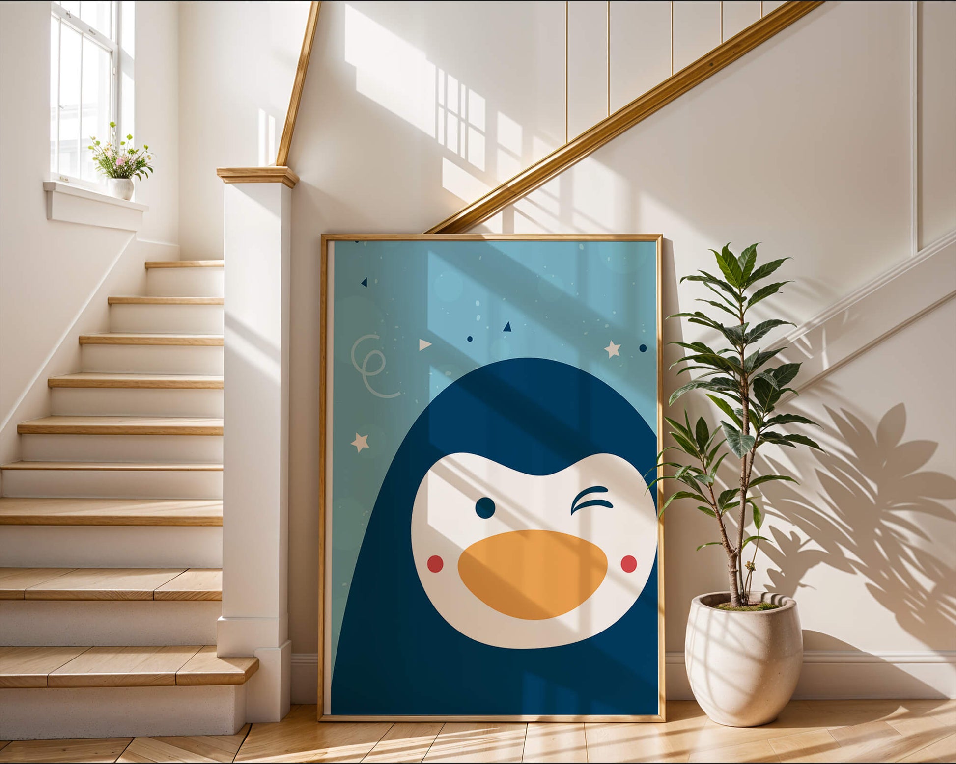 Pingüino de dibujos animados juguetón sobre un fondo azul caprichoso