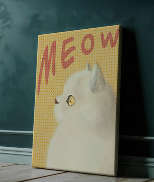 Profile View of a White Cat with Meow Text on Yellow Background