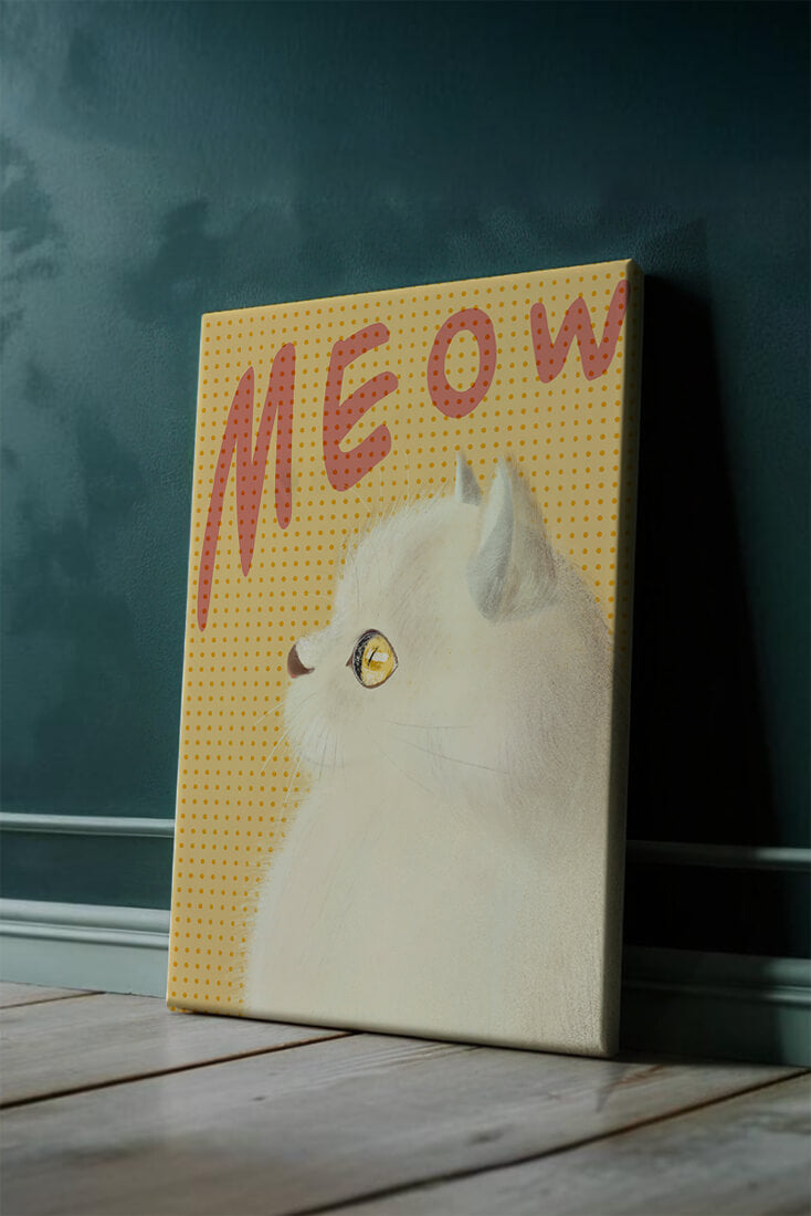 Profile View of a White Cat with Meow Text on Yellow Background