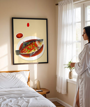 Illustration of a colorful fish dish with garnish