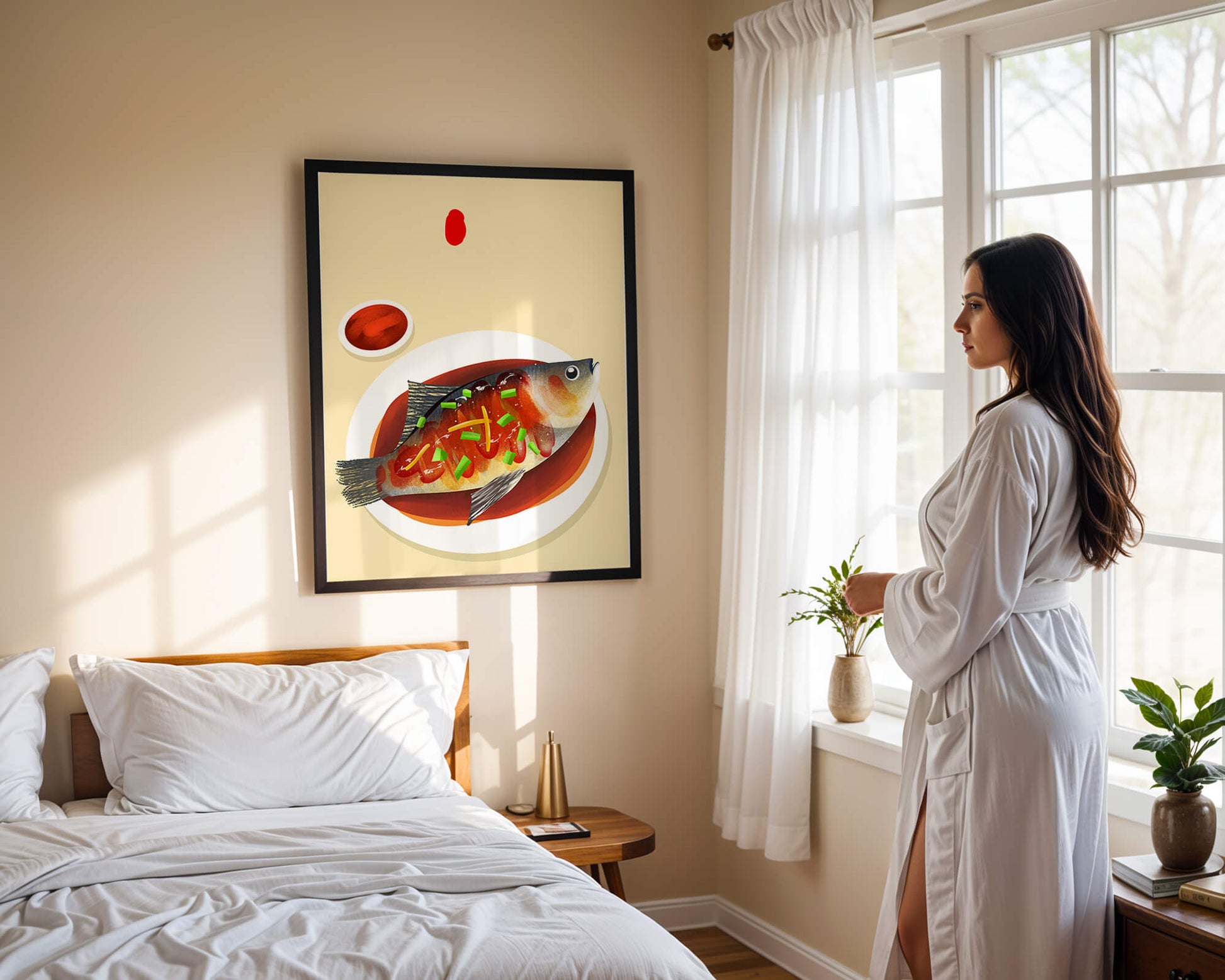 Illustration of a colorful fish dish with garnish
